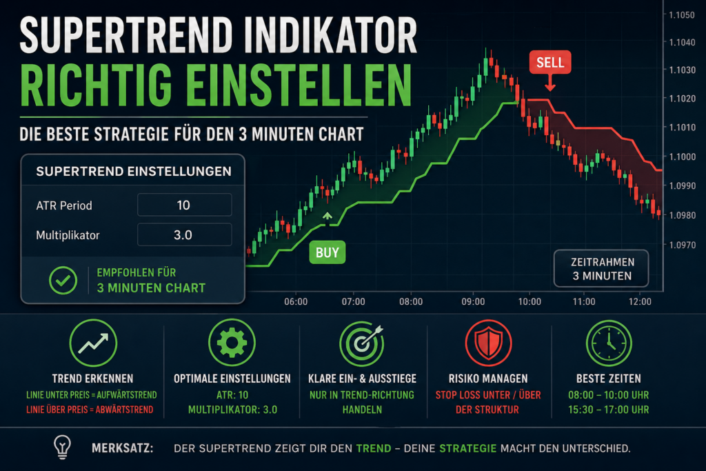 Supertrend Indikator richtig einstellen im 3 Minuten Chart mit ATR 10 und Multiplikator 3