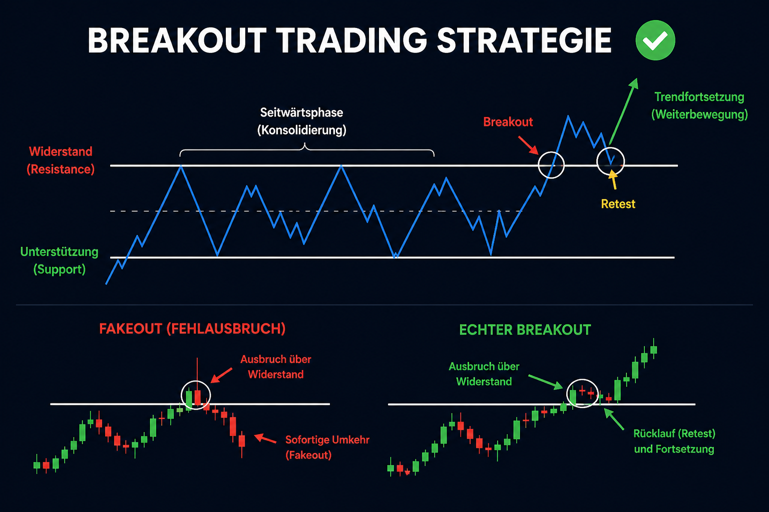 Breakout Trading Strategie mit Support Resistance, Retest und Fakeout im Chart erklärt