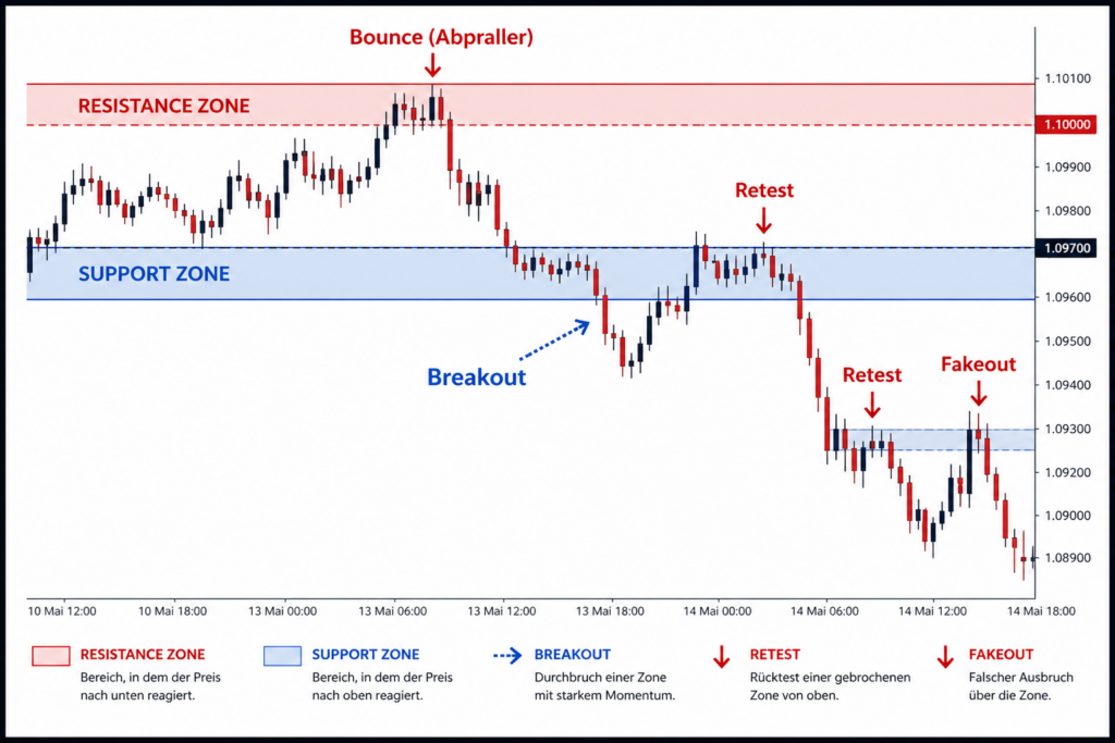 Support und Resistance Zonen im Trading mit Breakout und Rejection Beispiel